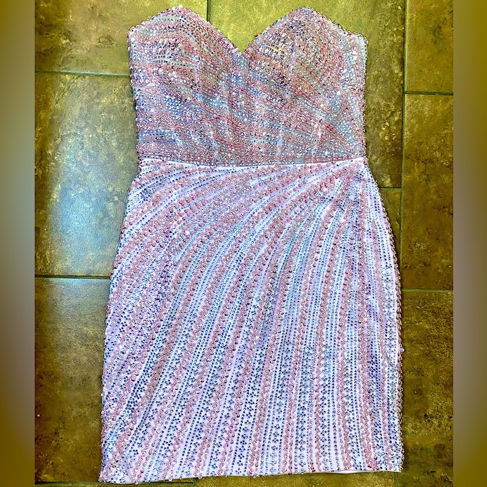 Beautiful Jovani Strapless Pink Beaded Mini Dress